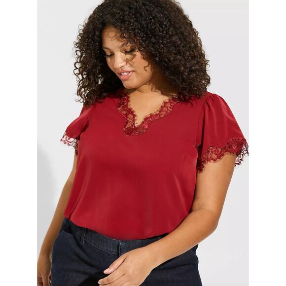 Torrid Studio Crepe De Chine Flutter Sleeve Blouse Red Lace Trim 2X NWT Holiday - Picture 1 of 10